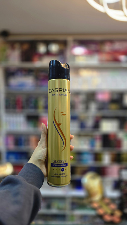 تافت گلاسی طلایی کاسپین Strong Hold اسپری حالت دهنده و براق کننده مو Caspian Glossy Hair Spray با ماندگاری بالا