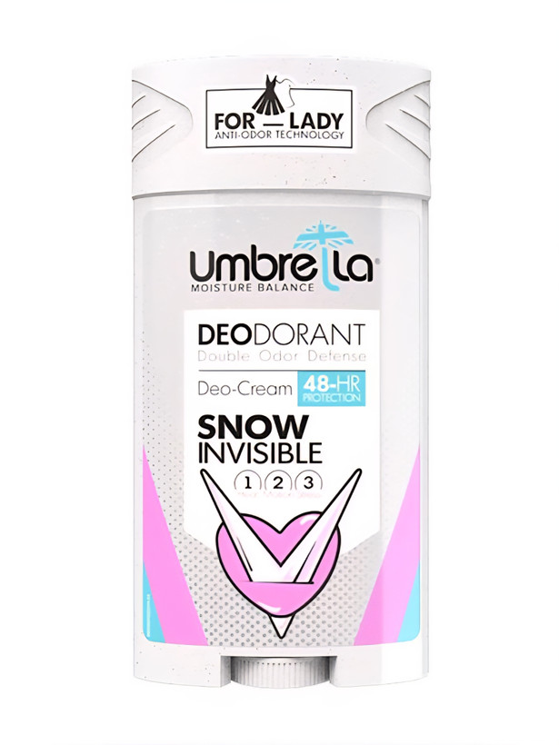 دئودورانت زنانه آمبرلا Snow Invisible مدل Deo-Cream، محافظت 48 ساعته، بستهبندی سفید و صورتی، مناسب کنترل بوی نامطبوع و استفاده روزانه