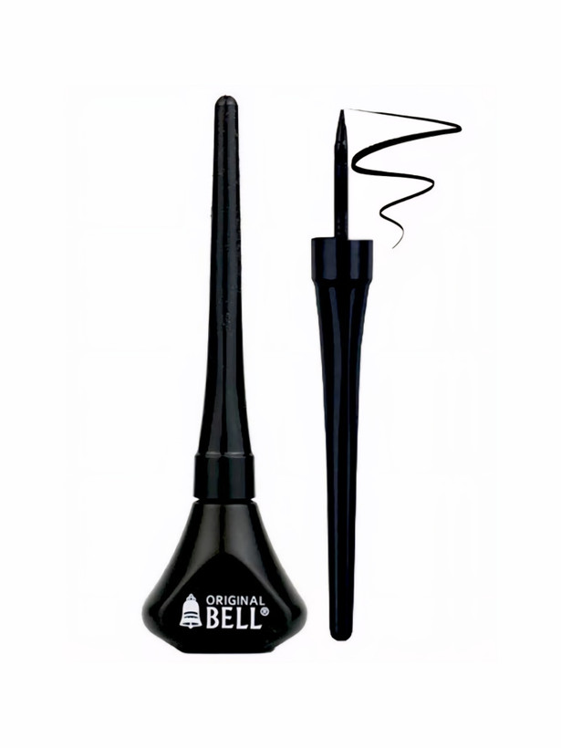 خط چشم مویی بل Bell مشکی، eyeliner liquid black Bell original، خط چشم مایع با اپلیکاتور ظریف، آرایش چشم، eye makeup, black liquid eyeliner on white background