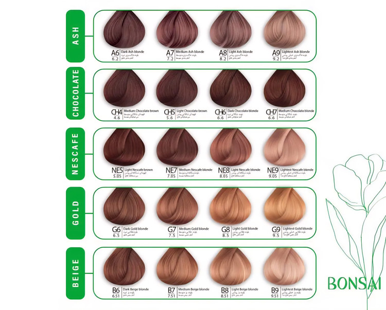 نمای تیوپ و جعبه رنگ موی Bonsai Color Expert | کاتالوگ رنگ موی بن سای