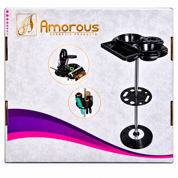 پایه سشوار ایستاده آموروس با جای کاسه رنگ و فویل salon tool stand استند آرایشگاهی Amorous برای نگهداری سشوار برس کاسه رنگ و فویل پایه سشوار حرفه ای آموروس مناسب سالن زیبایی و hair dryer holder استند چندمنظوره آرایشگاهی آموروس با جای ابزار رنگ مو و سشوار پا