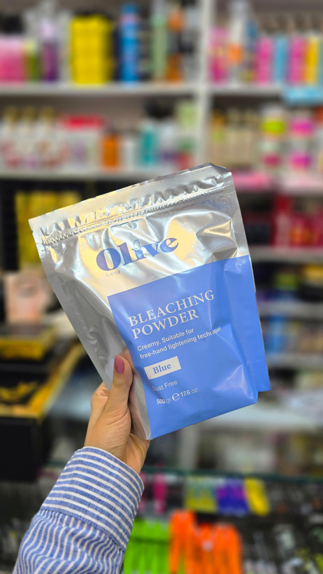 Olive Blue Bleaching Powder | خرید پودر دکلره ایتالیایی الیو مدل بلو برای روشن کرده مو | پایه دکلره 9 به بالا الیو مدل بدون گرد و غبار Dust Free