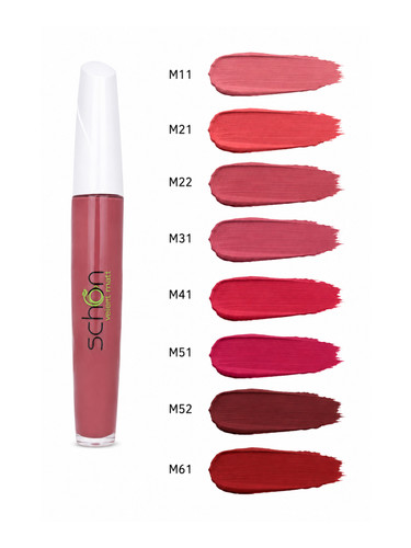 رژ لب مایع شون سری M با swatch شیدهای M11 تا M61 و رنگ بندی کامل Schon liquid lipstick تصویر رژ لب Schon با طیف رنگ صورتی قرمز و زرشکی، liquid lipstick color chart سواچ رژ لب مایع شون برای انتخاب رنگ قبل خرید، Schon lipstick shades عکس رژ لب شون با شیدهای