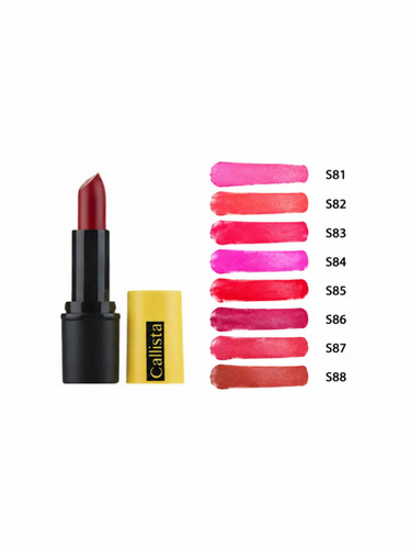 رژ لب جامد کالیستا سری S با swatch شیدهای S81 تا S88 و رنگ بندی کامل Callista lipstick تصویر رژ لب Callista با طیف رنگ صورتی قرمز و سرخابی، lipstick color chart سواچ رژ لب کالیستا سری S مناسب انتخاب رنگ قبل خرید، Callista lipstick shades عکس رژ لب جامد کال