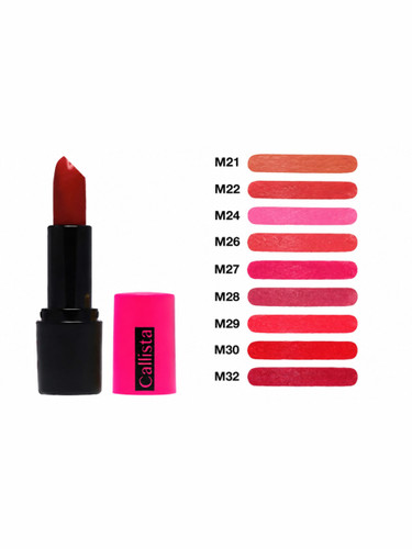 رژ لب جامد کالیستا سری M با swatch شیدهای M21 تا M32 و رنگ بندی کامل Callista lipstick تصویر رژ لب Callista با طیف رنگ صورتی قرمز و مرجانی، lipstick color chart سواچ رژ لب کالیستا سری M برای انتخاب رنگ قبل خرید، Callista lipstick shades عکس رژ لب جامد کالی