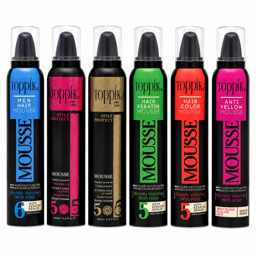 موس مو تاپیک TOPPIK Hair Mousse مدلهای ضد زردی و کراتینه ۲۰۰ میل فوم حالت دهنده و حجم دهنده مو تاپیک اصل با ماندگاری ۲۴ ساعته عکس انواع موس مو تاپیک مشکی و رنگی TOPPIK Hair Filler موس مو ضد زردی تاپیک Anti Yellow Mousse برای موهای بلوند و دکلره قیمت موس ح