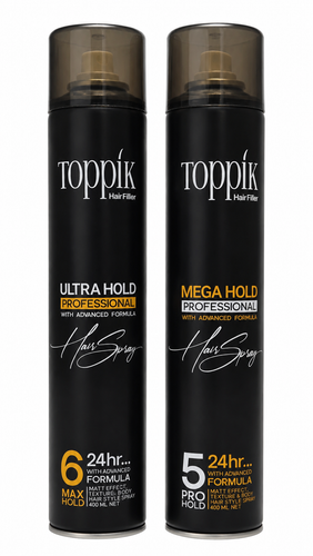 اسپری حالت دهنده مو تاپیک TOPPIK Hair Style Spray ۴۰۰ میل اسپری نگه دارنده قوی تاپیک مدل Ultra Hold 6 و Mega Hold 5 عکس اسپری مو تاپیک مشکی با اثر مات TOPPIK Hair Filler تافت مو مات تاپیک اصلی با ماندگاری ۲۴ ساعته قیمت اسپری حالت دهنده حرفه ای تاپیک ۴۰۰ می