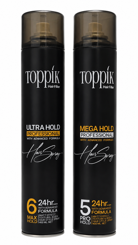 اسپری حالت دهنده مو تاپیک TOPPIK Hair Style Spray ۴۰۰ میل اسپری نگه دارنده قوی تاپیک مدل Ultra Hold 6 و Mega Hold 5 عکس اسپری مو تاپیک مشکی با اثر مات TOPPIK Hair Filler تافت مو مات تاپیک اصلی با ماندگاری ۲۴ ساعته قیمت اسپری حالت دهنده حرفه ای تاپیک ۴۰۰ می