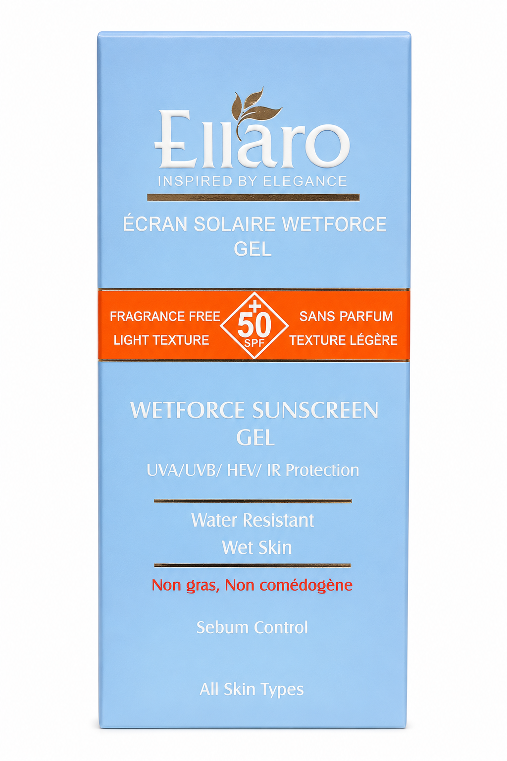 ژل ضد آفتاب الارو مدل Wetforce SPF 50 فاقد چربی و بدون عطر ضد آفتاب ژلی Ellaro Wetforce مناسب انواع پوست و مقاوم در برابر آب