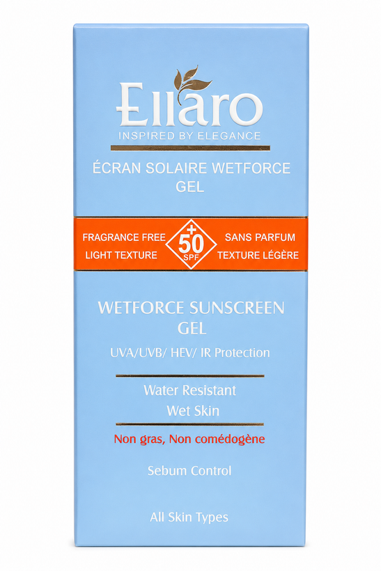 ژل ضد آفتاب الارو مدل Wetforce SPF 50 فاقد چربی و بدون عطر ضد آفتاب ژلی Ellaro Wetforce مناسب انواع پوست و مقاوم در برابر آب