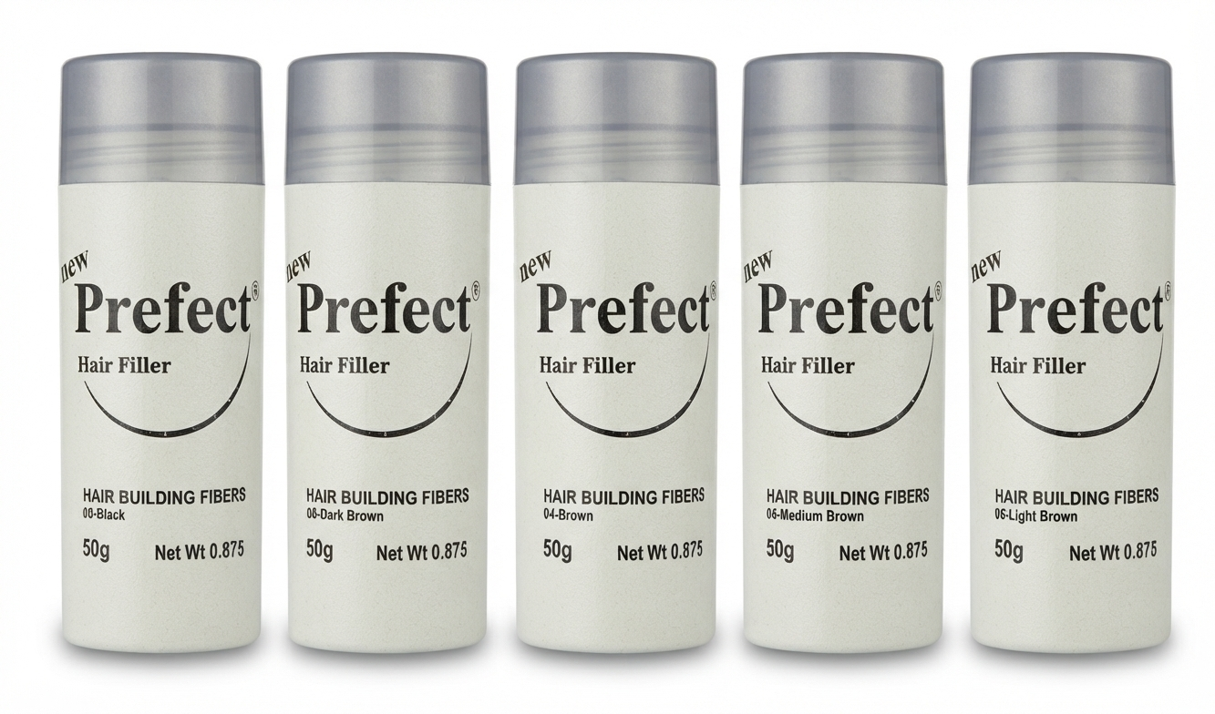 تصویر گروهی رنگ‌بندی پودر پرپشت کننده مو Prefect Hair Filler 50g در رنگ‌های مشکی، قهوه‌ای تیره، قهوه‌ای، قهوه‌ای متوسط و قهوه‌ای روشن رنگ‌های مختلف پودر پرپشت کننده مو پرفکت هیر فیلر مدل Hair Building Fibers وزن 50 گرم پودر پرپشت کننده مو Prefect Hair Fill