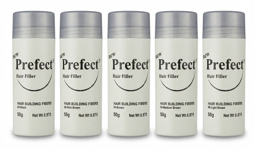 تصویر گروهی رنگبندی پودر پرپشت کننده مو Prefect Hair Filler 50g در رنگهای مشکی، قهوهای تیره، قهوهای، قهوهای متوسط و قهوهای روشن رنگهای مختلف پودر پرپشت کننده مو پرفکت هیر فیلر مدل Hair Building Fibers وزن 50 گرم پودر پرپشت کننده مو Prefect Hair Fill