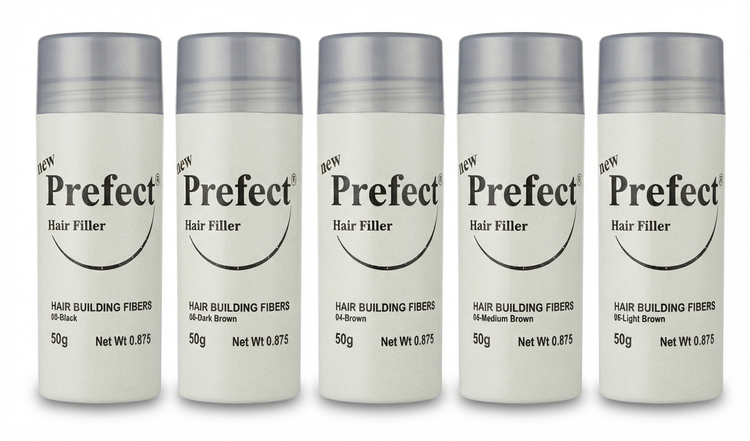 تصویر گروهی رنگبندی پودر پرپشت کننده مو Prefect Hair Filler 50g در رنگهای مشکی، قهوهای تیره، قهوهای، قهوهای متوسط و قهوهای روشن رنگهای مختلف پودر پرپشت کننده مو پرفکت هیر فیلر مدل Hair Building Fibers وزن 50 گرم پودر پرپشت کننده مو Prefect Hair Fill