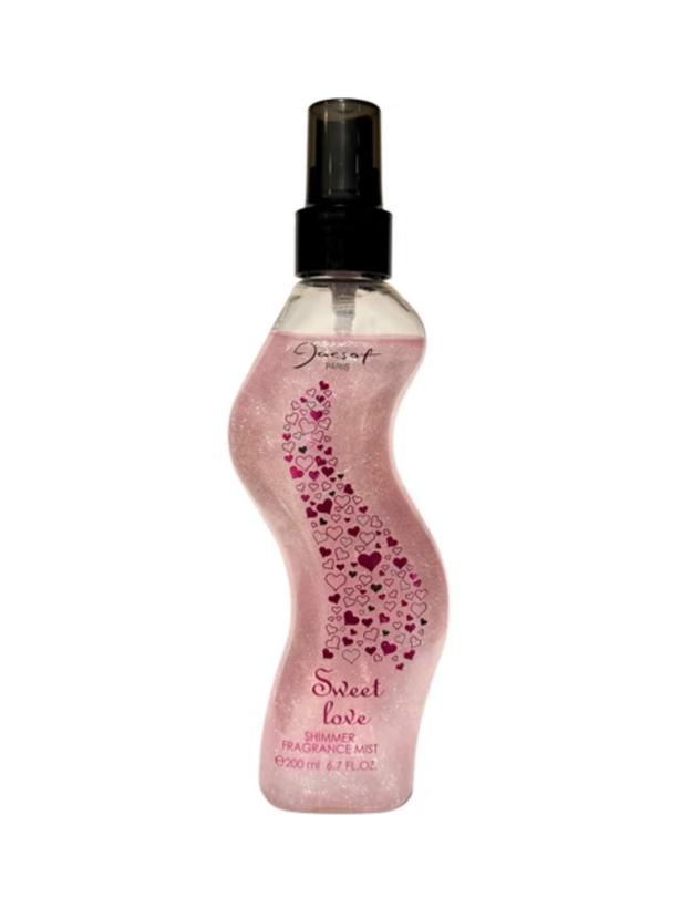 بادی میست شیمر شاین ژک ساف پاریس مدل سوییت لاو 200 میل، Jacsaf Paris Sweet Love shimmer fragrance mist pink bottle