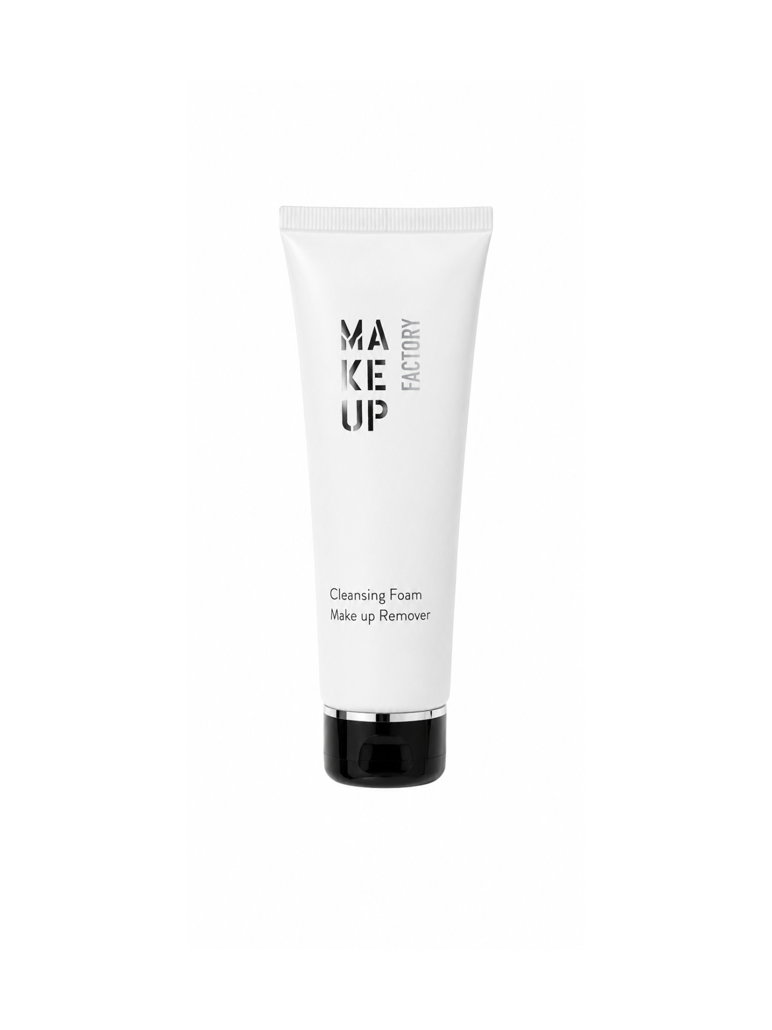 فوم شستشو و پاک‌کننده آرایش میکاپ فکتوری (Make Up Factory Cleansing Foam Make Up Remover) با بسته‌بندی سفید و درب مشکی، مناسب پاکسازی آرایش و آلودگی‌های پوست، تصویر محصول با پس‌زمینه سفید و کیفیت بالا