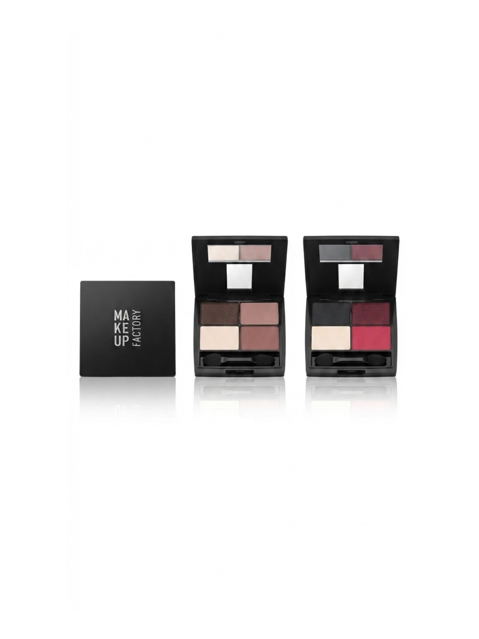 پالت سایه چشم چهار رنگ Make Up Factory در سه مدل مختلف، white background, cosmetic eyeshadow palette  پالت سایه چشم مشکی Make Up Factory با رنگ‌های متفاوت، isolated on white background, eye makeup palette