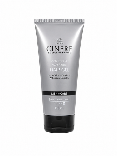 ژل موی سینره (Cinere) مدل Men+Care Anti Frizz & Wet Shine Hair Gel، مناسب حالتدهی قوی مو، کنترل وز و ایجاد جلوه خیس، حاوی کینوا، کراتین و کمپلکس آنتیاکسیدان