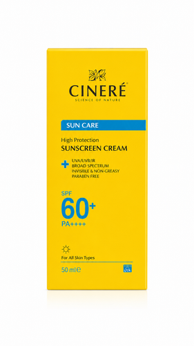 کرم ضد آفتاب سینره (Cinere) Sun Care SPF 60 PA++++، مناسب انواع پوست، محافظت بالا در برابر اشعههای UVA و UVB با بافت سبک و بدون پارابن.