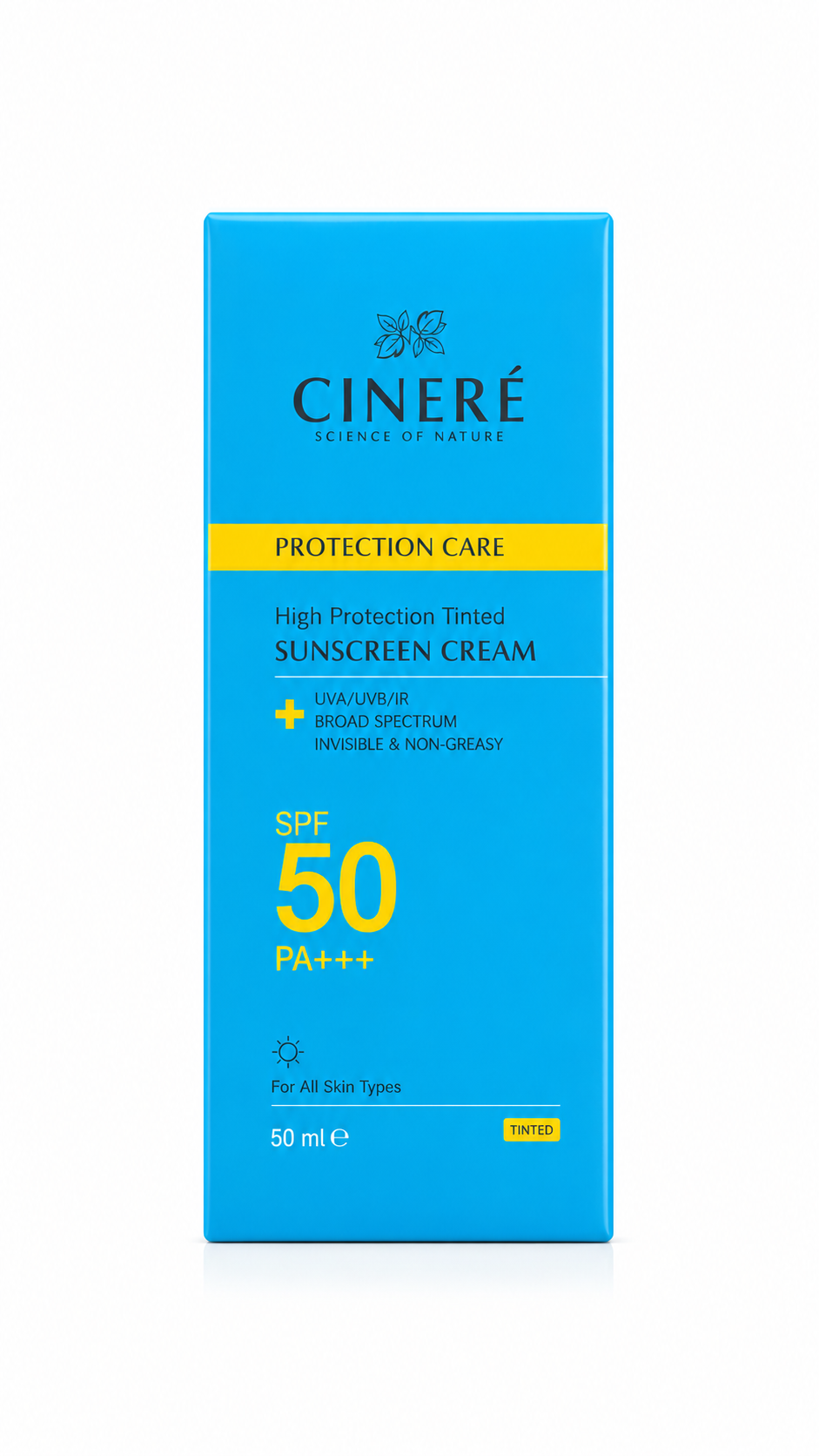 Alt Text:  کرم ضدآفتاب رنگی سینره SPF 50 مدل Protection Care با محافظت UVA/UVB/IR، مناسب انواع پوست، با پوشش طبیعی