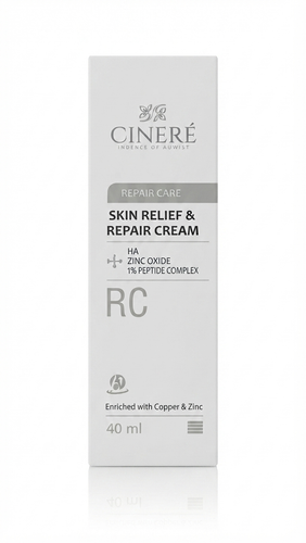 کرم ترمیم کننده پوست سینره مدل RC، بازسازی کننده Cinere Repair Cream محصول مراقبت از پوست سینره آر سی، کرم التیام بخش و ترمیم کننده صورت Cinere RC Cream: جعبه سفید کرم ترمیم کننده سینره، ضد التهاب و بازسازنده قوی پوست Cinere Skin Repair Cream