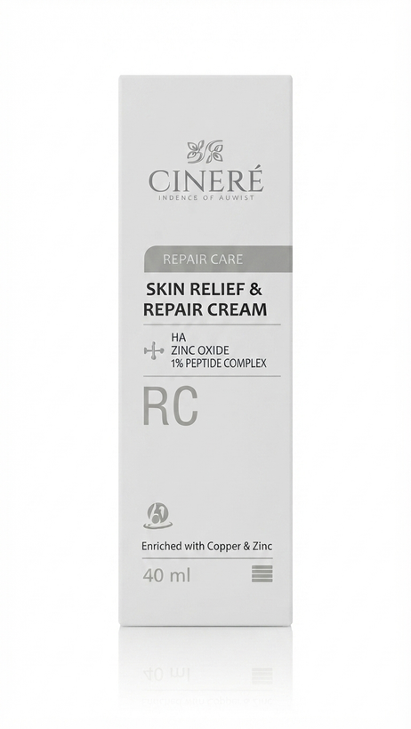 کرم ترمیم کننده پوست سینره مدل RC، بازسازی کننده Cinere Repair Cream محصول مراقبت از پوست سینره آر سی، کرم التیام بخش و ترمیم کننده صورت Cinere RC Cream: جعبه سفید کرم ترمیم کننده سینره، ضد التهاب و بازسازنده قوی پوست Cinere Skin Repair Cream