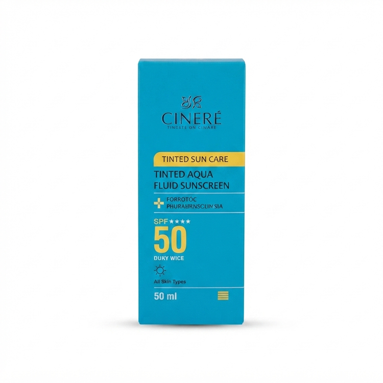 ضدآفتاب رنگی Cinere مدل Tinted Aqua Fluid SPF 50، فلوئید محافظتکننده پوست سینره حجم کرم ضدآفتاب رنگی Cinere 50ml، مدل Tinted Aqua Fluid با جذب سریع و بافت سبک برای محافظتکننده پوست با ضدآفتاب Cinere Tinted Aqua Fluid، حاوی هیالورونیک اسید