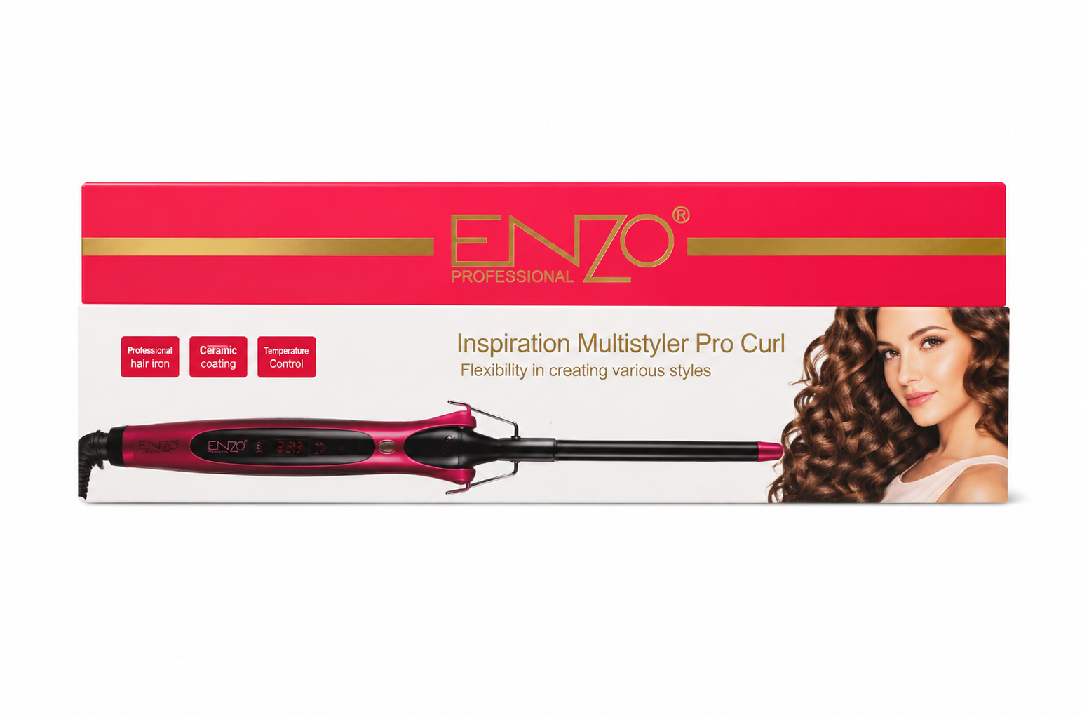 فر کننده مو انزو مدل Keratin Therapy Pro Curl با بدنه قرمز و مشکی، hair curling iron حرفه‌ای Enzo