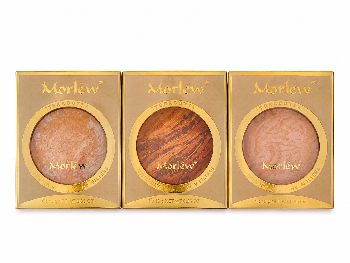 رژگونه پودری تراکوتا Morlew، آرایش صورت روزانه، marble baked powder blush، تناژ هلویی و برنزی، cosmetic compact