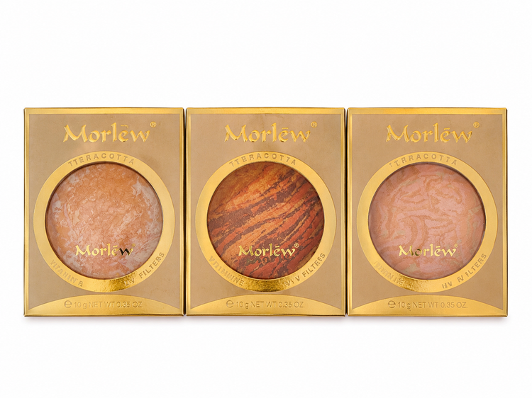 رژگونه پودری تراکوتا Morlew، آرایش صورت روزانه، marble baked powder blush، تناژ هلویی و برنزی، cosmetic compact