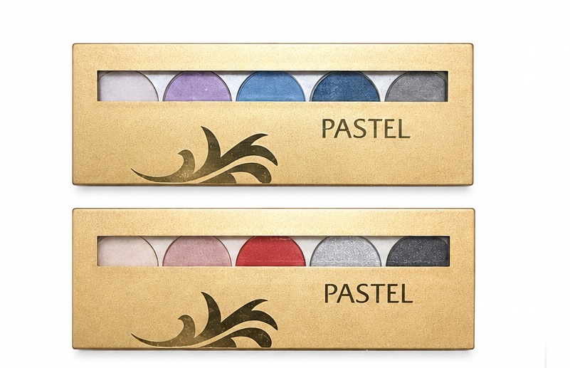 پالت سایه چشم Pastel Professional Eye Palette No.11 Prismatical Pink با ۵ رنگ صورتی، نود، نقره‌ای و مشکی، مناسب آرایش اسموکی و روزانه.  شماره 12: پالت سایه چشم Pastel Professional Eye Palette No.12 Ultramarine با ۵ رنگ آبی، بنفش، سفید و نقره‌ای، مناسب آرای
