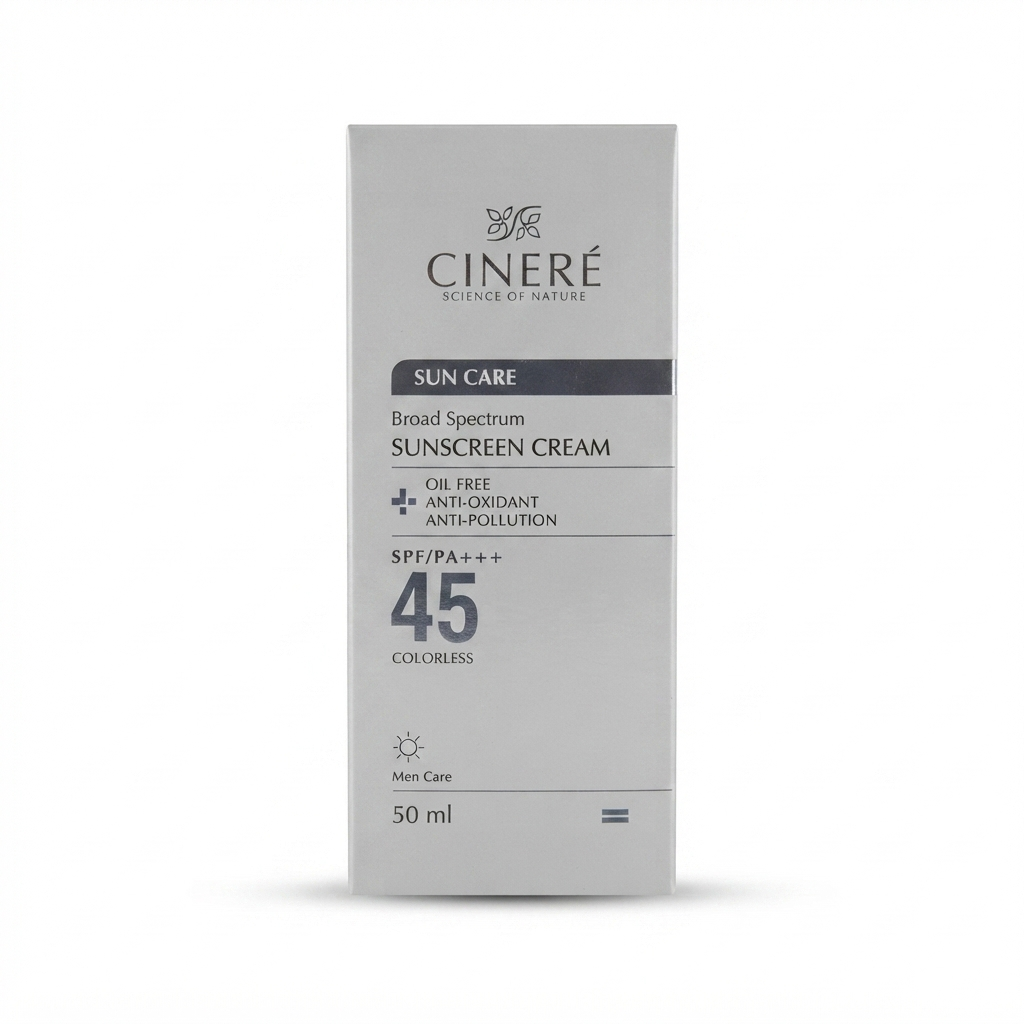 کرم ضد آفتاب سینره مخصوص آقايان SPF 45 فاقد چربی برای محافظت کامل پوست، Cinere Sunscreen Cream Broad Spectrum Oil Free Anti-Pollution protection.