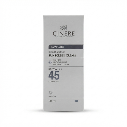 کرم ضد آفتاب سینره مخصوص آقايان SPF 45 فاقد چربی برای محافظت کامل پوست، Cinere Sunscreen Cream Broad Spectrum Oil Free Anti-Pollution protection.