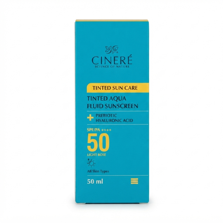 ضد آفتاب رنگی سینره SPF 50 مدل Cinere Tinted Aqua Fluid Sunscreen جعبه ضد آفتاب Cinere Light Rose 50ml tinted sun care خرید ضد آفتاب فلوئیدی رنگی سینره Cinere sunscreen SPF 50 ضد آفتاب آکوا فلوئید سینره رنگ Light Rose با prebiotic hyaluronic acid عکس محصول