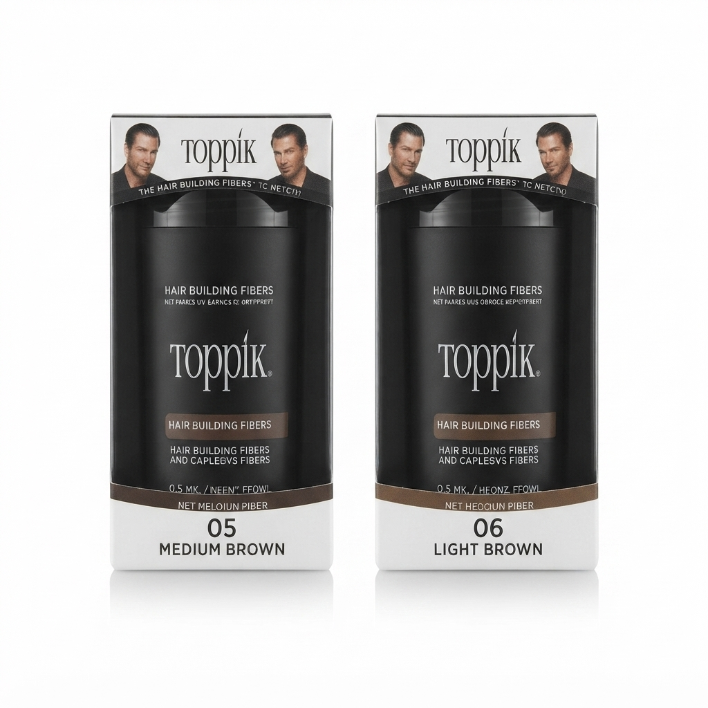 خرید پودر پرپشت کننده مو تاپیک اصلی TOPPIK Hair Building Fibers رنگ قهوه ای 05 Medium Brown و 06 Light Brown. الیاف کراتینی پرپشت کننده فوری مو تاپیک برای پوشش کم پشتی موی سر TOPPIK Hair Thickening Powder.