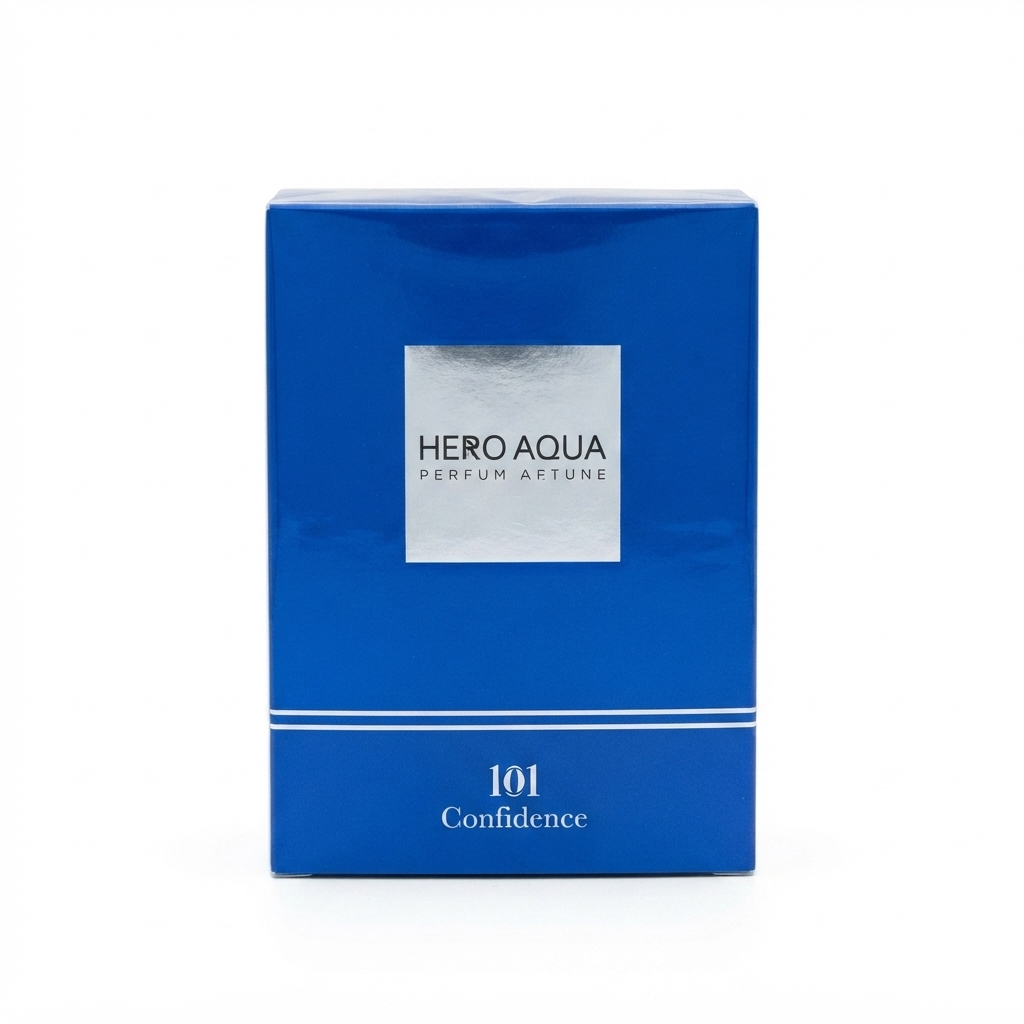 عطر مردانه Hero Aqua از برند ژک ساف، جعبه محصول ادکلن آبی رنگ، Jacsaf men’s perfume, Hero Aqua fragrance box, high-quality product photo
