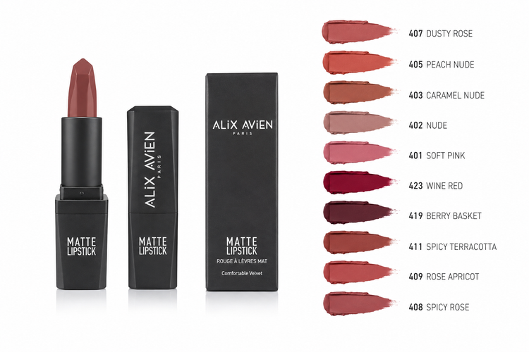 رژ لب مات آلیکس آوین پاریس با بافت مخملی، ماندگاری بالا و رنگدانههای غنی، مناسب آرایش روزانه و حرفهای.