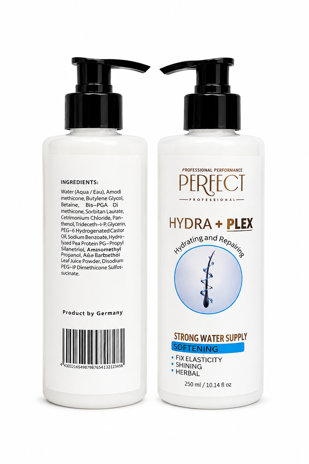 هایدرا پرفکت Hydra + Plex حجم 250 میل، محصول آبرسان و نرم‌کننده مو با بطری پمپی سفید و بسته‌بندی اورجینال  PERFECT Hydra + Plex hydrating and repairing hair care 250ml, softening shining herbal pump bottle