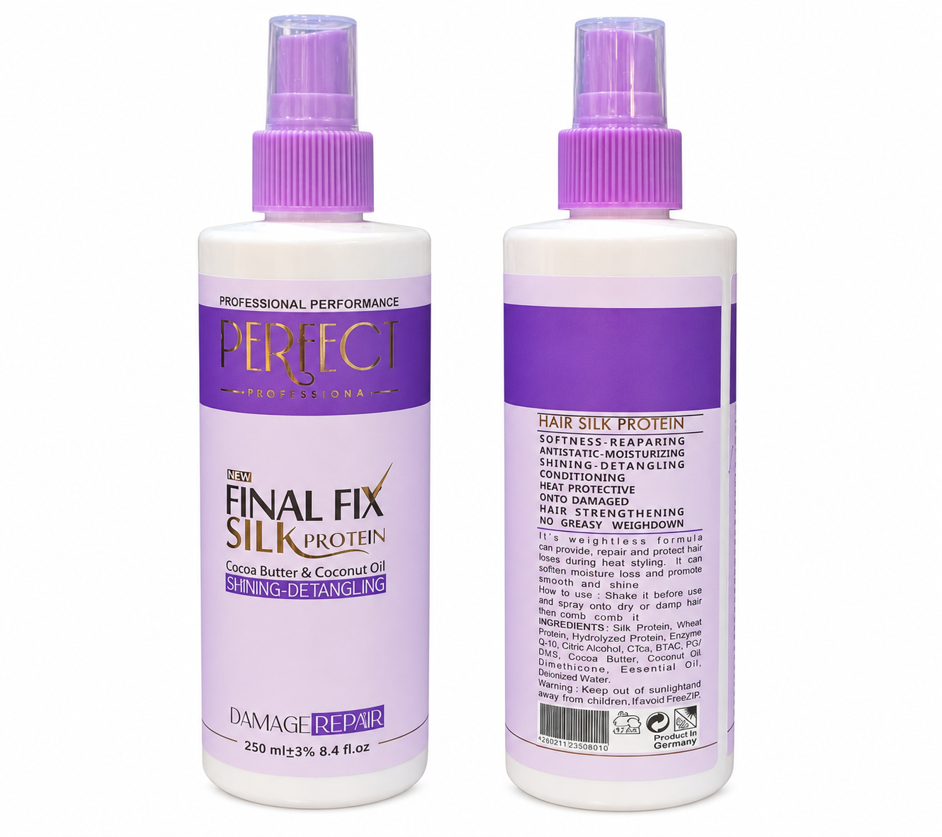 اسپری ابریشم ساز مو پرفکت Final Fix Silk Protein بدون آبکشی 250 میل برای موهای رنگ شده و دکلره، Perfect leave in hair spray