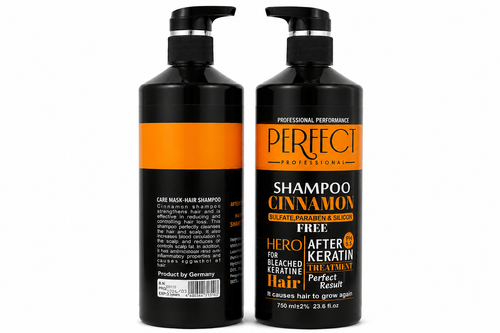 شامپو پرفکت دارچینی فاقد سولفات برای موهای دکلره و کراتینشده، Perfect Cinnamon Shampoo 750ml بطری شامپو دارچین Perfect Professional مدل Hero After Keratin با حجم 750ml شامپو مراقبتی مو پرفکت با فرمول بدون سولفات و رایحه دارچین، Cinnamon Hero After Keratin