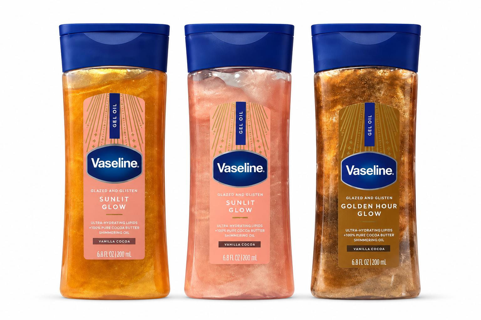 شامپو بدن وازلین مجموعه سه‌تایی مدل Glow با رایحه‌های Sunlit، Sunhour و Golden Hour، Vaseline Glow Body Wash Collection