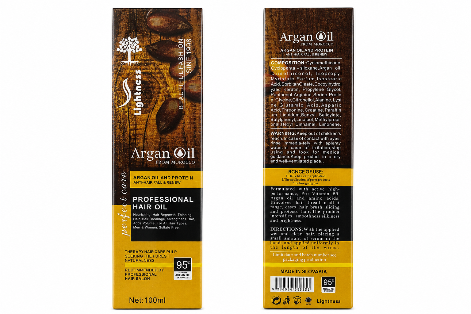 روغن تقویتی و براق‌کننده مو آرگان لایتنس حاوی پروتئین، Lightness Professional Hair Oil Argan & Protein 100mlروغن آرگان مو لایتنس مدل Professional Hair Oil حجم ۱۰۰ میلی‌لیتر، درمان خشکی و وز مو، Lightness Argan Oil Hair Treatment 100ml