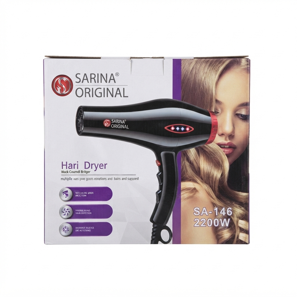 سشوار حرفه‌ای سارینا مدل SA-146 با قدرت 2200 وات، دستگاه خشک‌کن و حالت‌دهنده مو، Sarina Original Hair Dryer SA-146.
