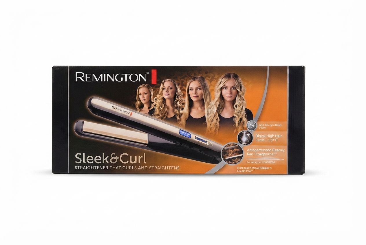 اتو مو Remington Sleek & Curl، جعبه دستگاه صاف‌کننده و فرکننده مو رمینگتون، Remington hair straightener box، محصول آرایشی و حالت‌دهنده مو با طراحی حرفه‌ای