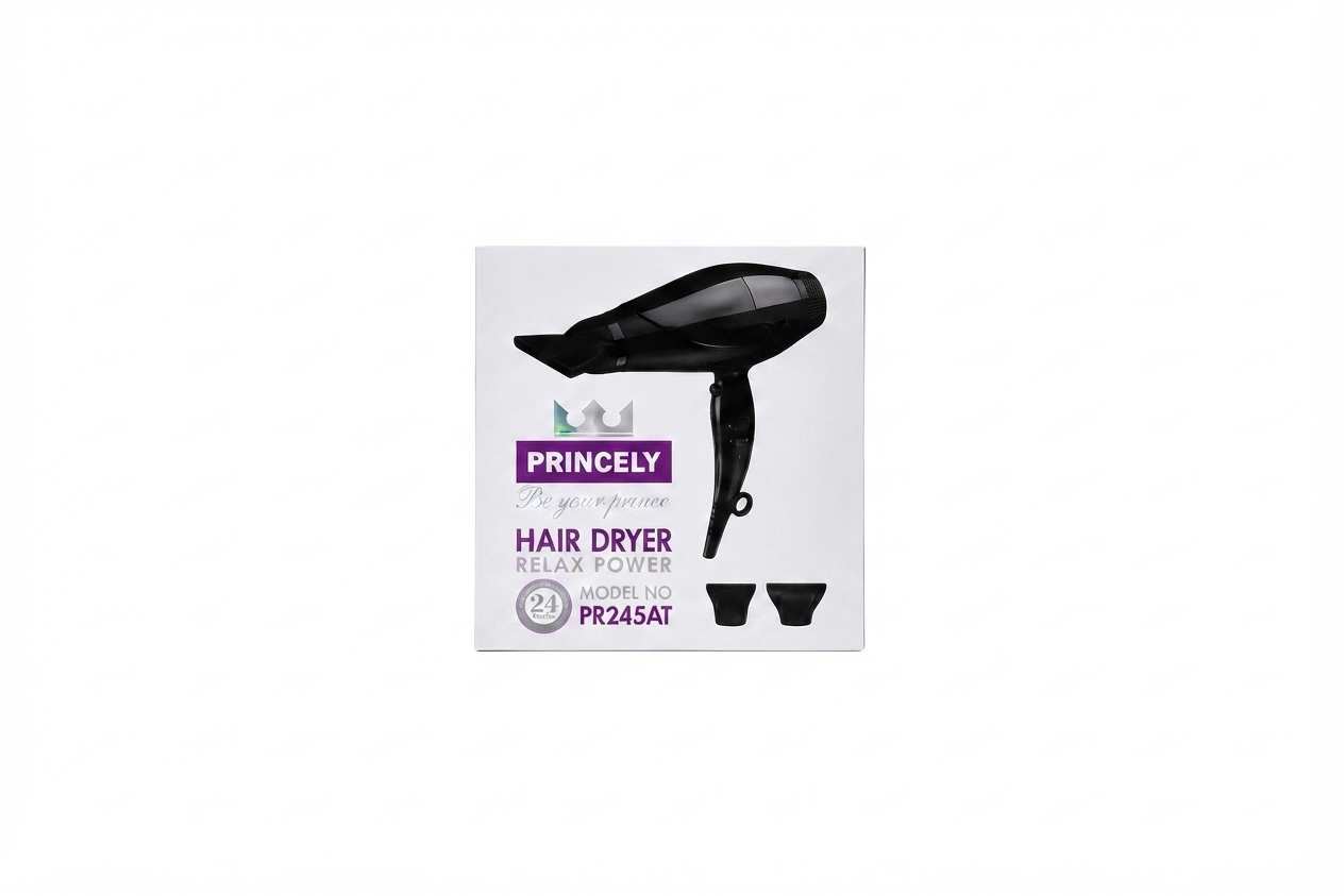 سشوار حرفه‌ای پرینسلی مدل PR245AT، سری Relax Power، ابزار خشک‌کن و حالت‌دهنده مو، Princely Hair Dryer Model PR245AT.   ۲:  سشوار سالنی پرینسلی PR245AT، دستگاه حالت‌دهنده مو با کیفیت بالا، لوازم برقی آرایشی Princely Professional Hair Dryer.
