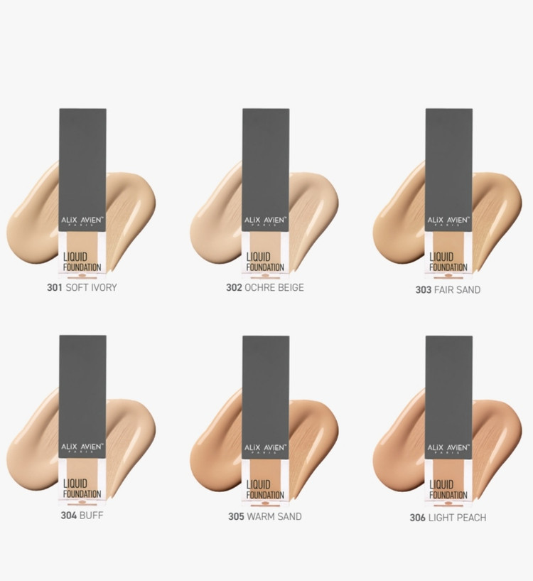 مجموعه کرمپودر مایع Alix Avien Paris در ۶ رنگ متنوع از ۳۰۱ تا ۳۰۶ - Alix Avien Liquid Foundation Collection