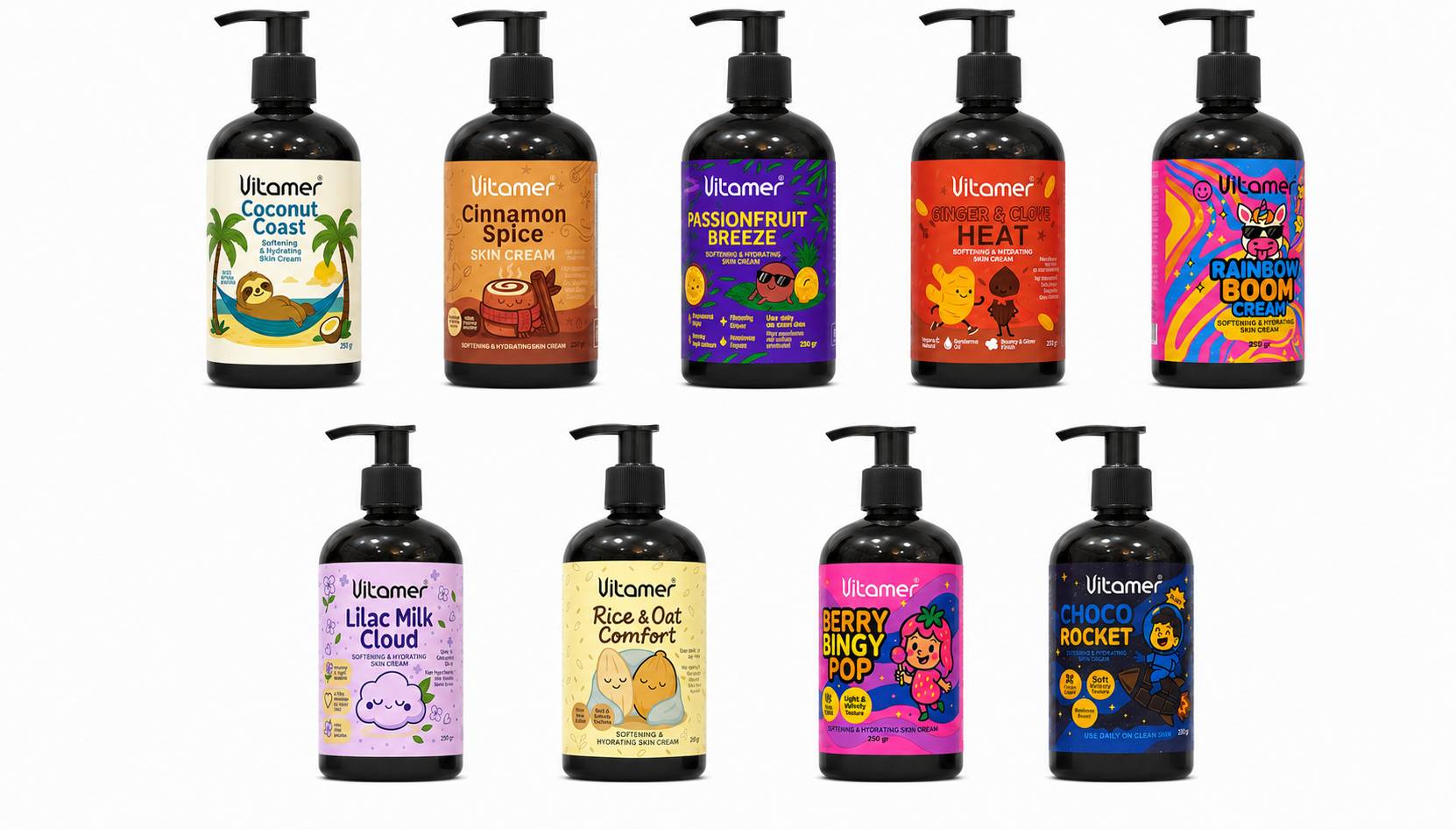 مجموعه کامل کرم‌های آبرسان ویتامر شامل مدل‌های Coconut Coast، Cinnamon Spice، Passionfruit Breeze، Ginger & Clove Heat، Rainbow Boom، Lilac Milk Cloud، Rice & Oat Comfort، Berry Bingy Pop و Choco Rocket؛ کرم دست مرطوب‌کننده با فرمولاسیون اختصاصی Vitamer Ha