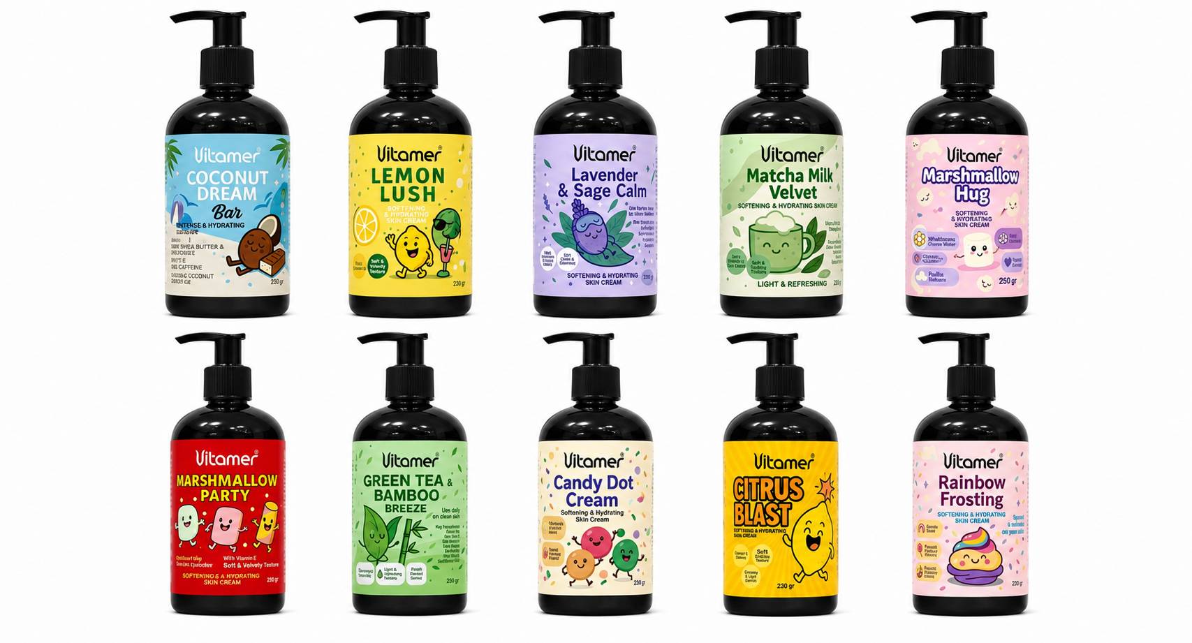 مجموعه کرم دست ویتامر شامل رایحه‌های Coconut Dream Bar, Lemon Lush, Lavender & Sage Calm, Matcha Milk Velvet, Marshmallow Hug, Marshmallow Party, Green Tea & Bamboo Breeze, Candy Dot Cream, Citrus Blast و Rainbow Frosting؛ Vitamer hand cream collection برا