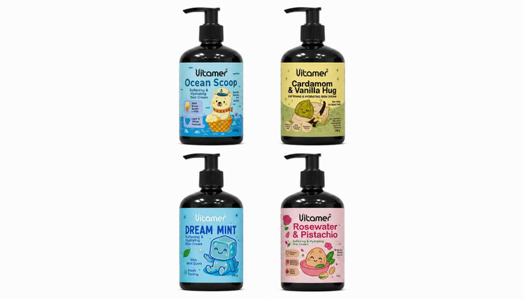 مجموعه کرم دست ویتامر شامل Ocean Scoop, Cardamom & Vanilla Hug, Dream Mint و Rosewater & Pistachio؛ Vitamer hand cream collection برای نرمی و آبرسانی پوست
