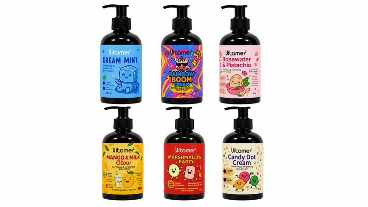 مجموعه کرم و لوسیون بدن Vitomer در ۶ رایحه متنوع Dream Mint، Rainbow Boom، Rosewater & Pistachio، Mango & Milk، Marshmallow Party و Candy Dot، محصولات خوشبو و مرطوبکننده پوست با بستهبندی رنگارنگ و پمپی، Colorful scented body creams collection for soft an
