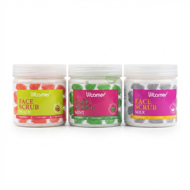 برای اسکراب هلو: «اسکراب صورت ویتامر مدل هلو ۴۰۰ گرمی | Vitamer Peach Face Scrub exfoliating» برای اسکراب نعنا: «اسکراب پاککننده پوست ویتامر عصاره نعنا | Vitamer Mint Face Scrub refreshing» برای اسکراب شیر: «اسکراب لایهبردار ویتامر مدل شیر برای نرمی پوست